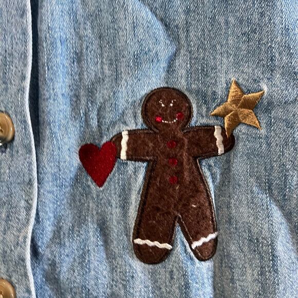 Vtg Y2K 2000s Plus Size Christmas Holiday Denim Shirt Wmns 1X Granny Cottagecore - Picture 3 of 12